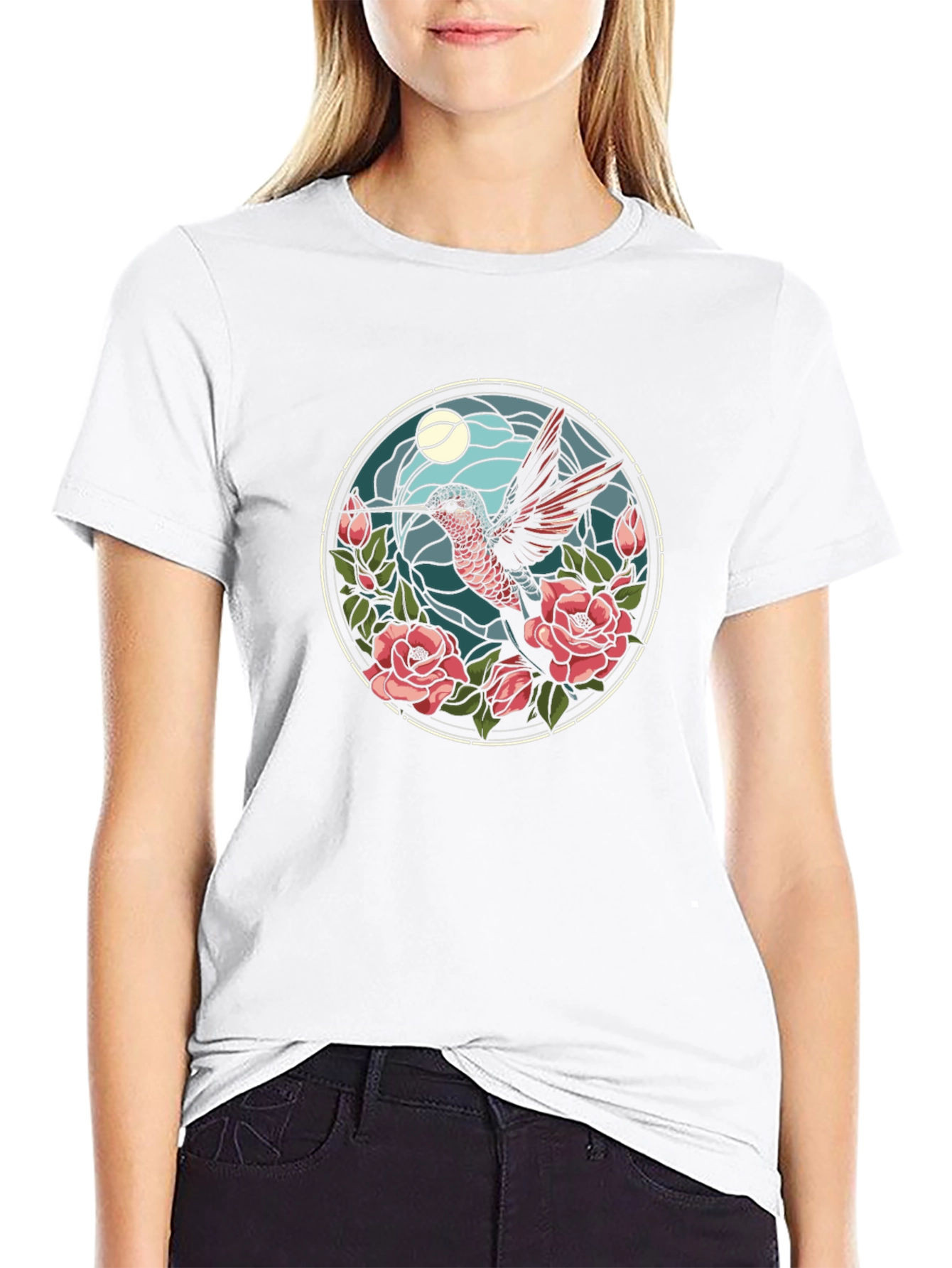 Hummingbird & Roses Graphic Tee - Black