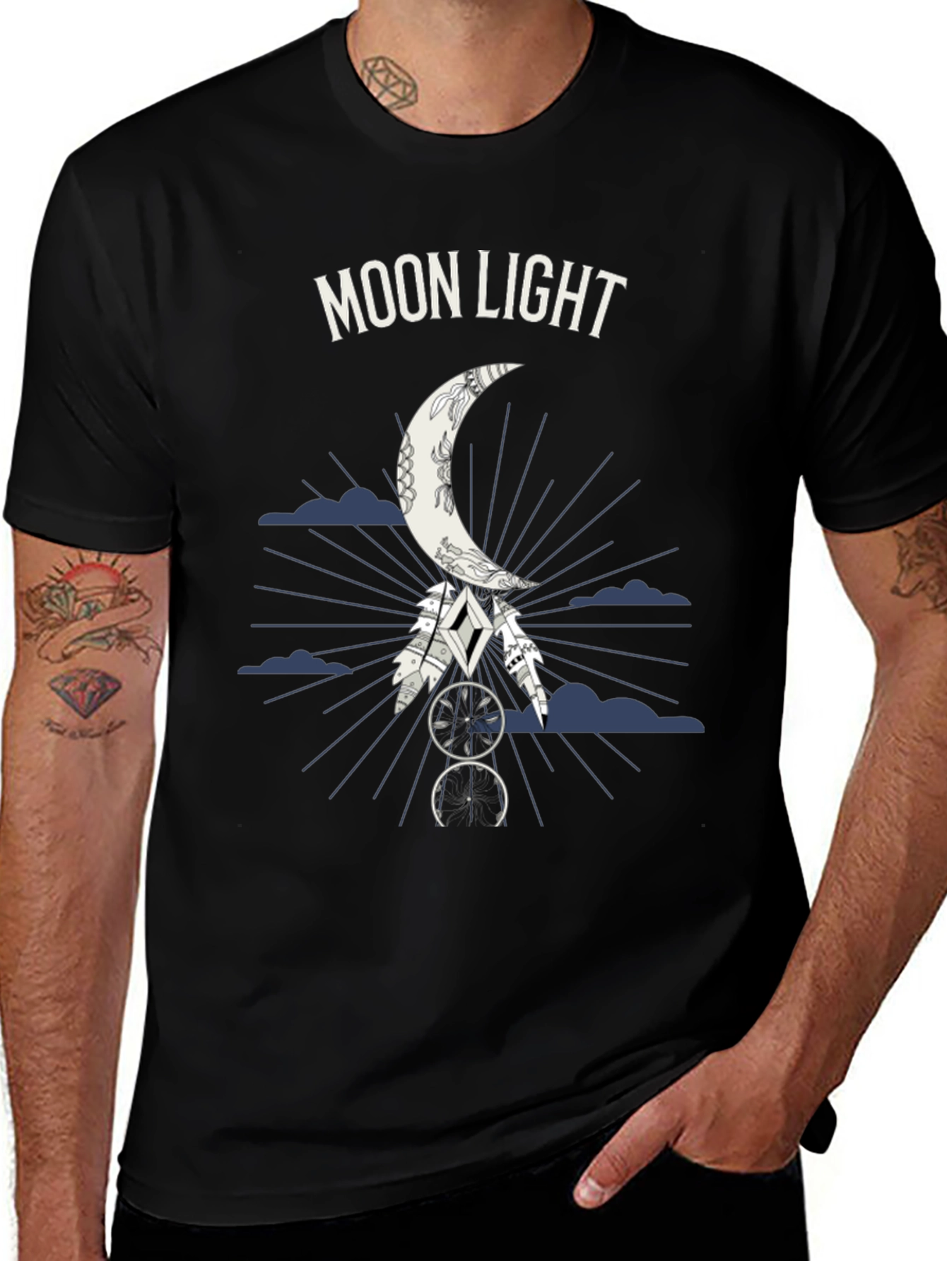 Moonlight Graphic Tee - Dreamcatcher Design - Black T-Shirt