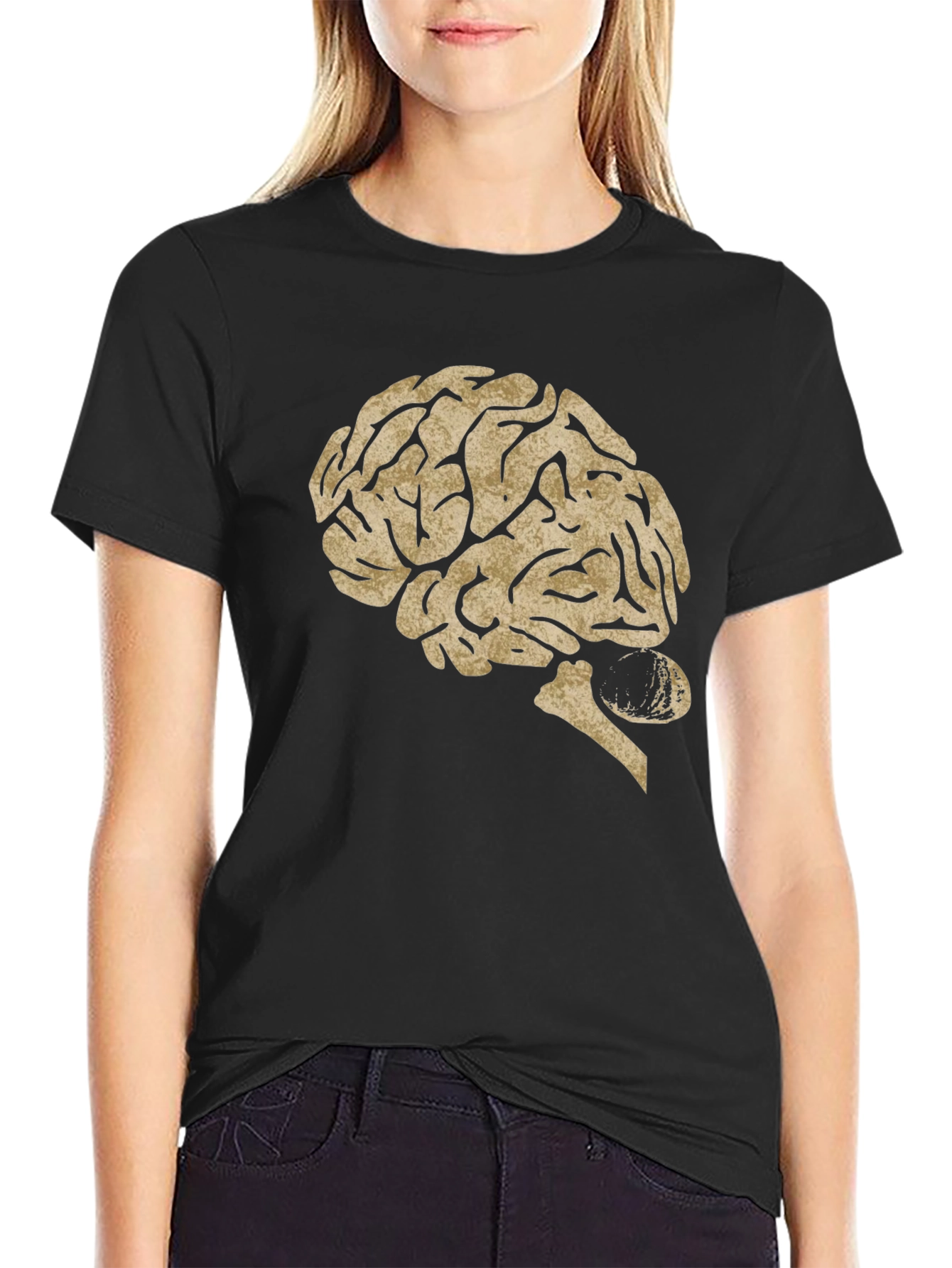 Brain Graphic Print Tee - Black Cotton Casual Top