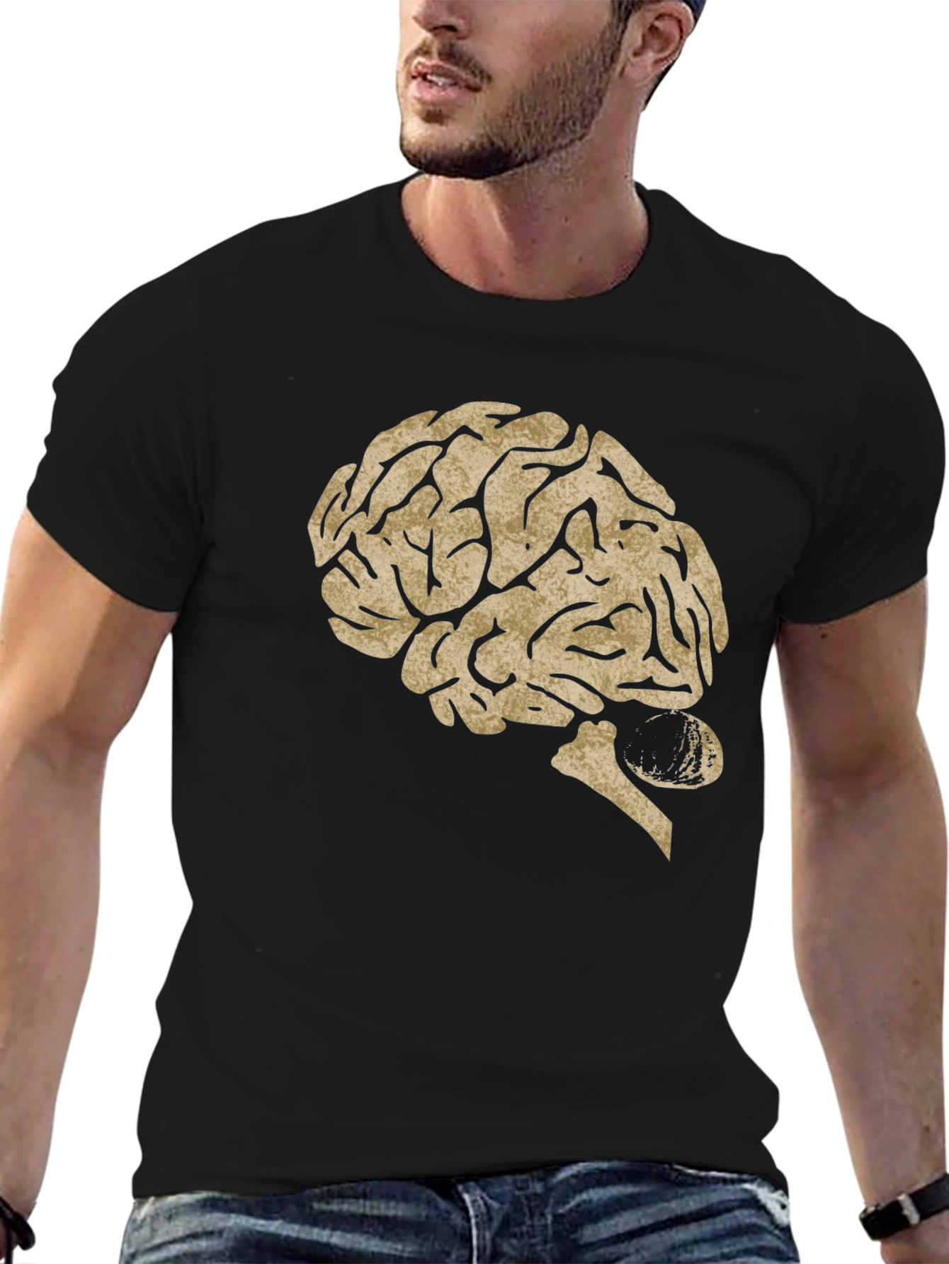 Brain Graphic Print Tee - Black Cotton Casual Top