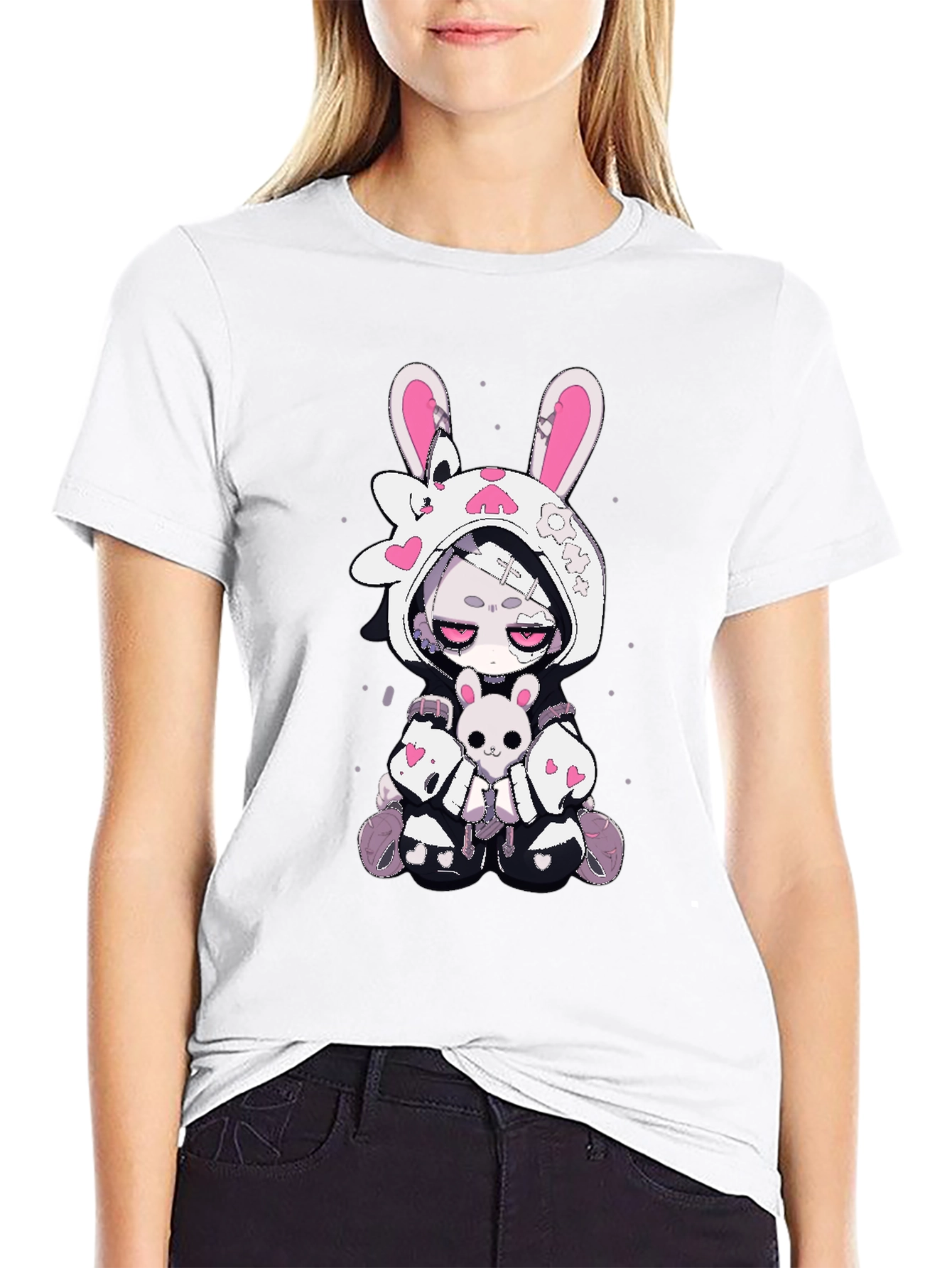 Kawaii Bunny Graphic T-Shirt - Black