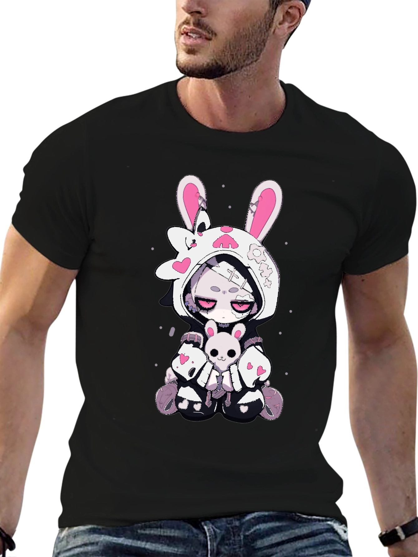 Kawaii Bunny Graphic T-Shirt - Black