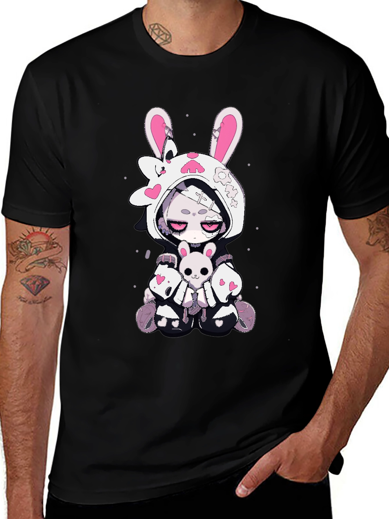 Kawaii Bunny Graphic T-Shirt - Black