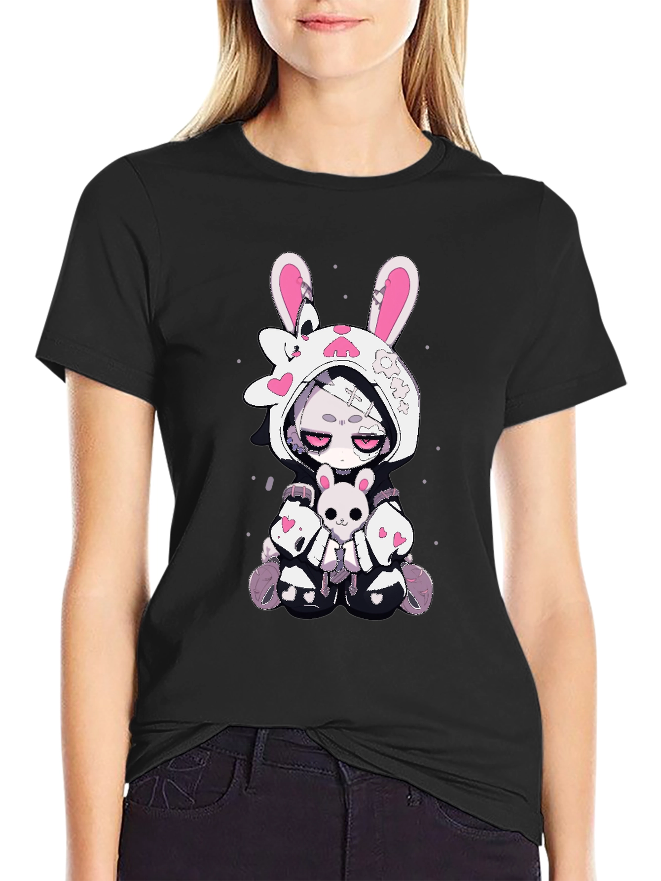 Kawaii Bunny Graphic T-Shirt - Black