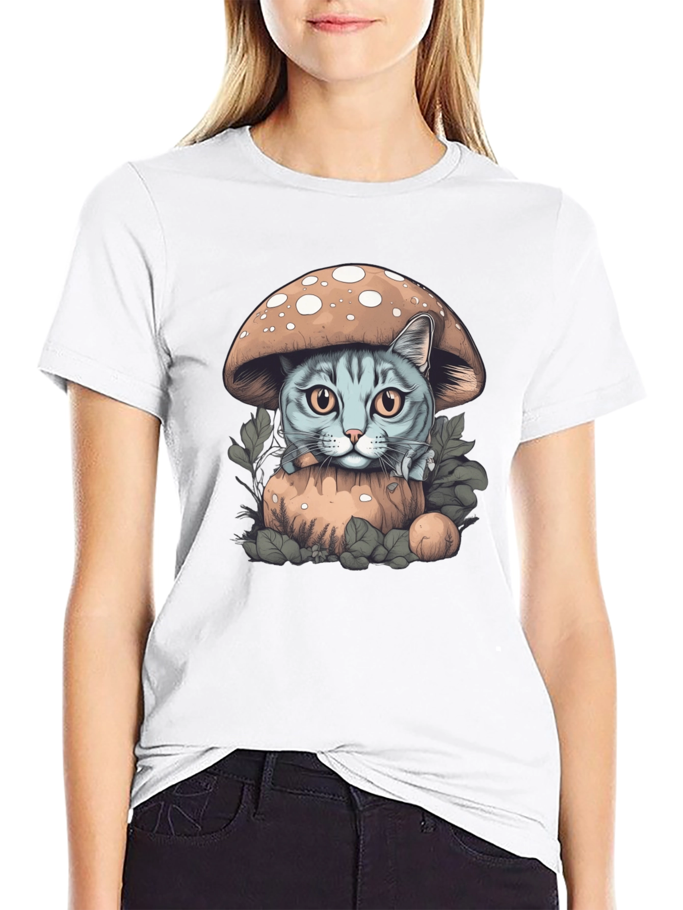 Mushroom Cat Graphic Tee - Novelty Shirt