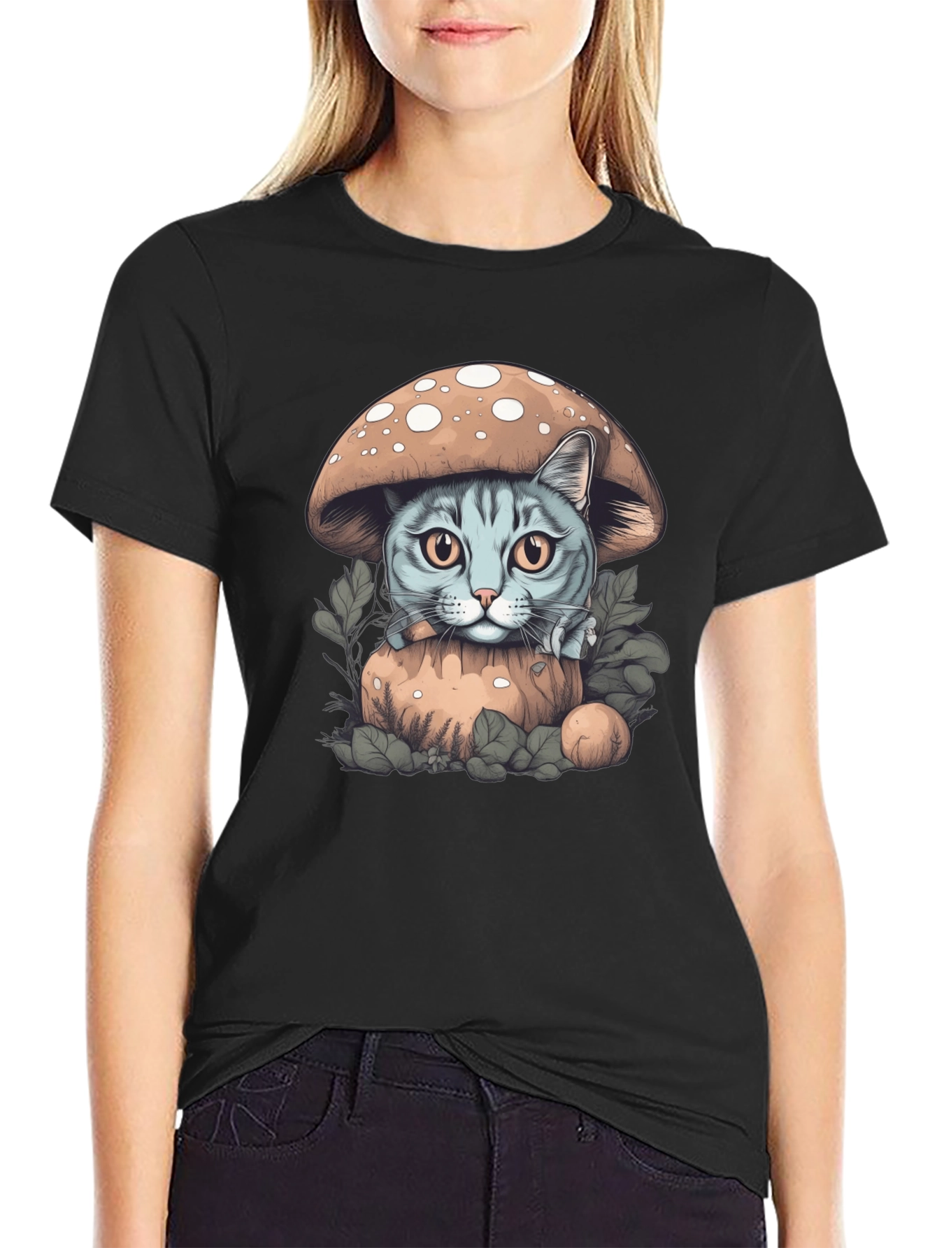 Mushroom Cat Graphic Tee - Novelty Shirt