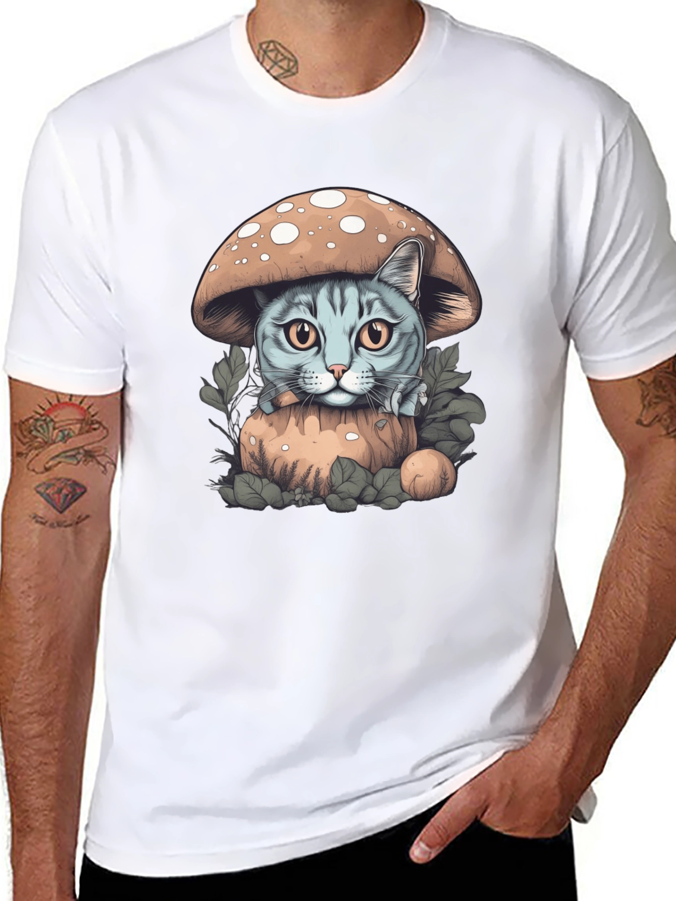 Mushroom Cat Graphic Tee - Novelty Shirt