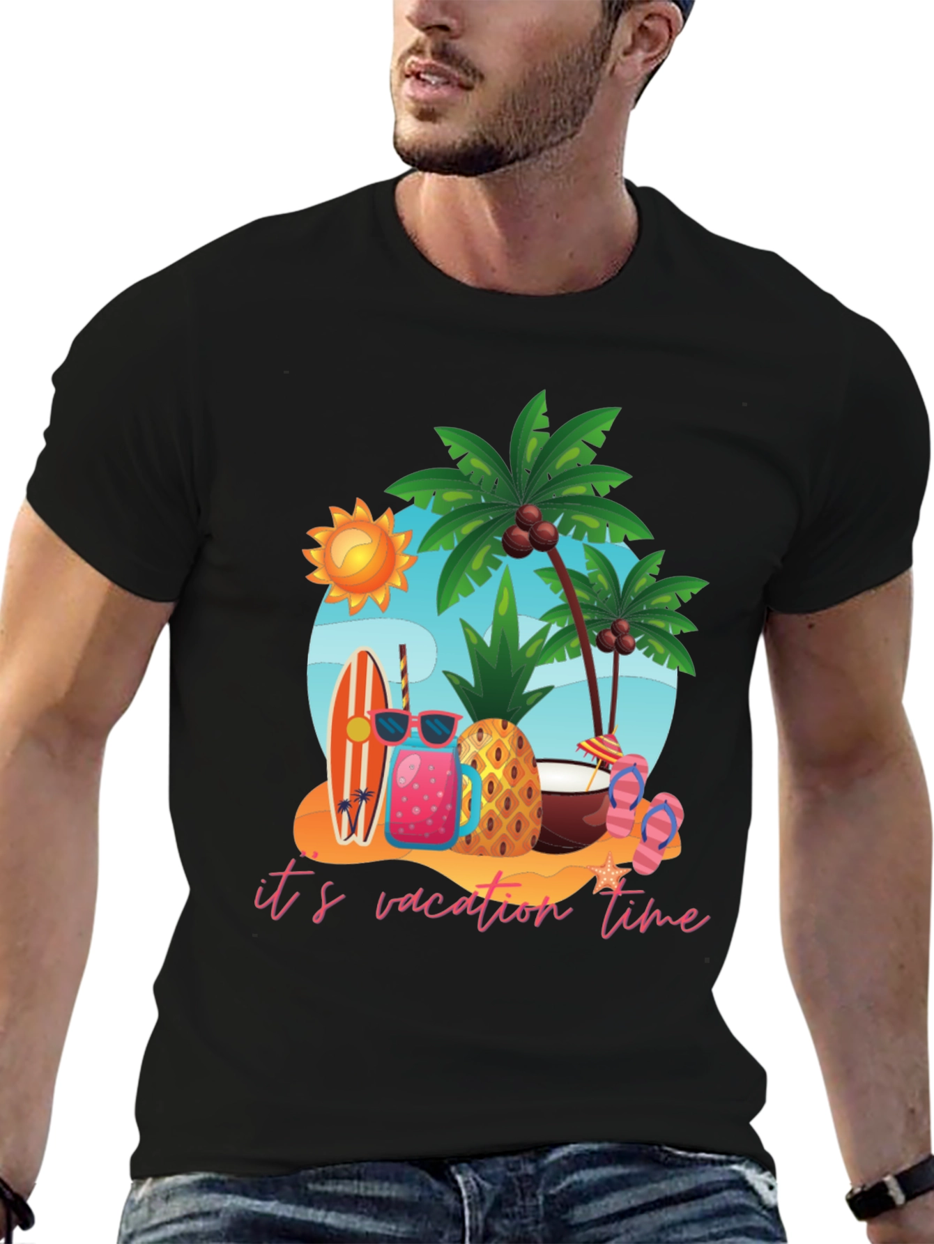 Its Vacation Time Black Cotton T-Shirt