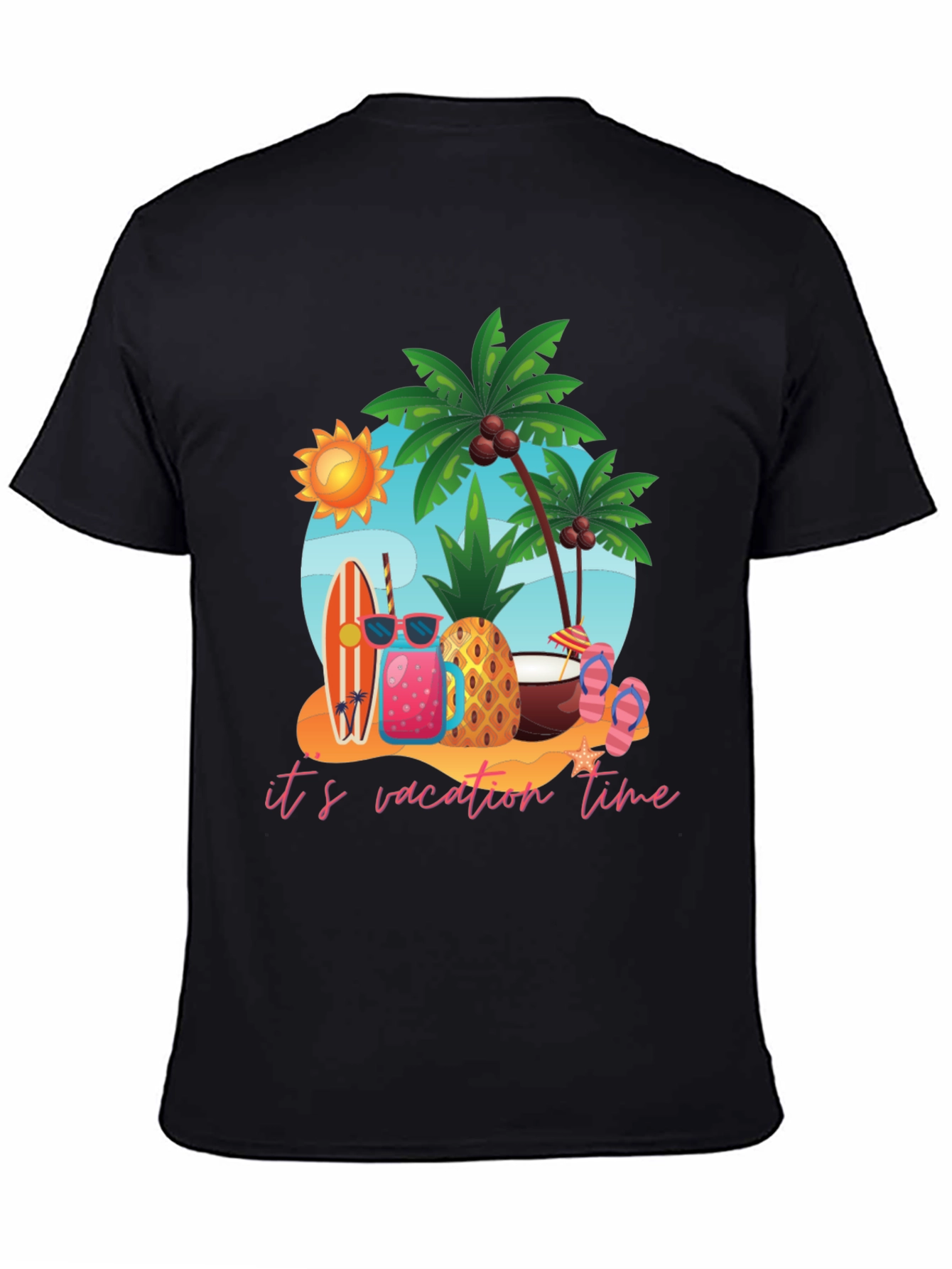 Its Vacation Time Black Cotton T-Shirt
