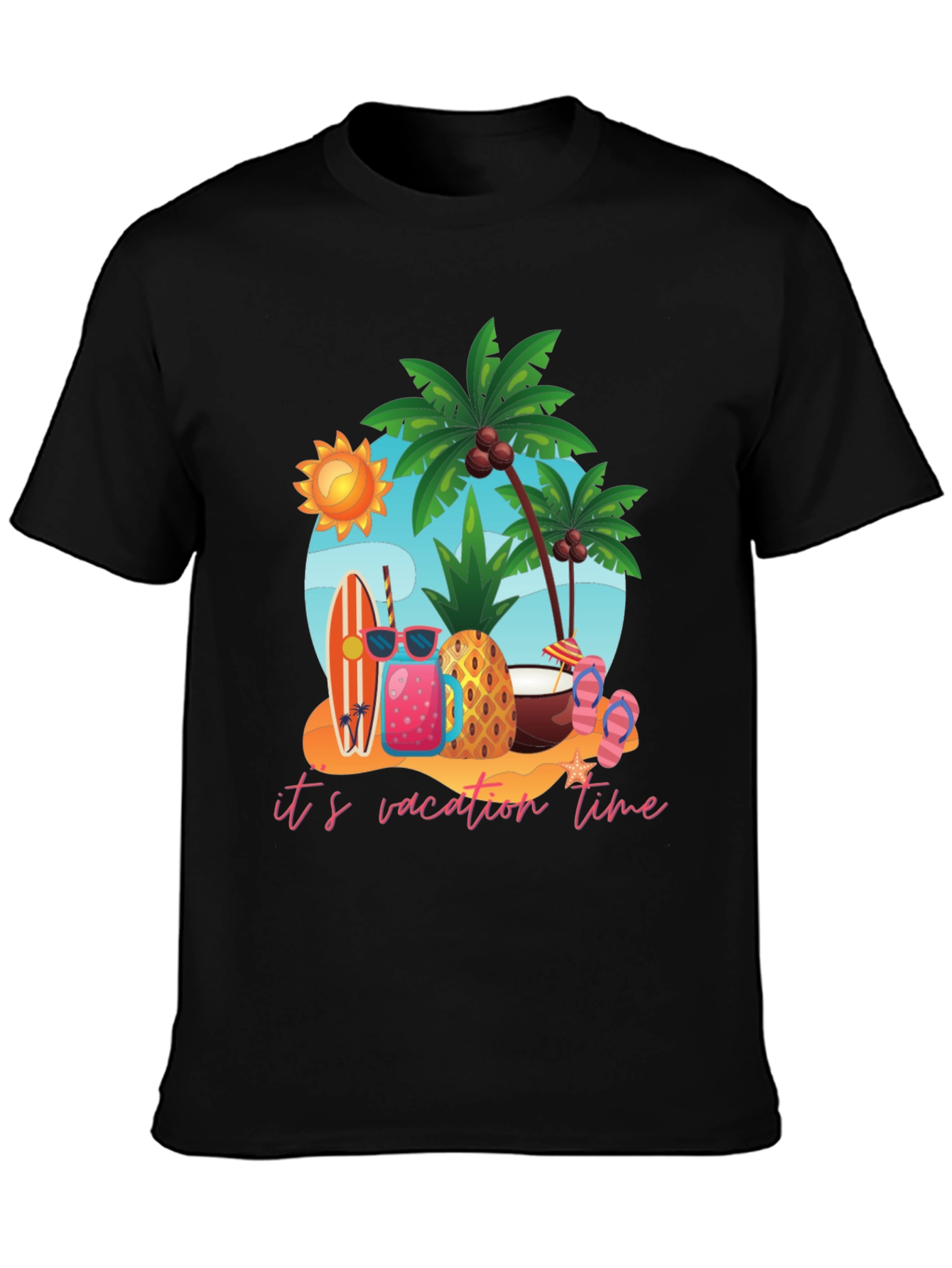 Its Vacation Time Black Cotton T-Shirt