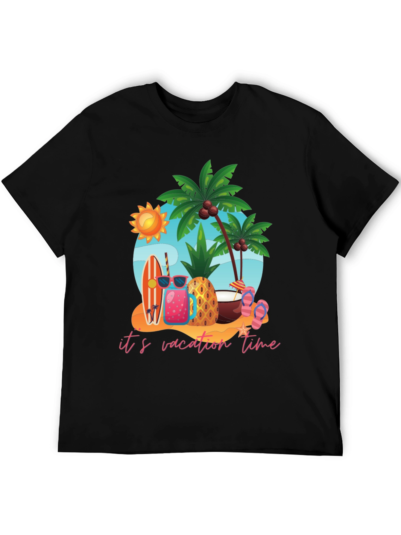Its Vacation Time Black Cotton T-Shirt