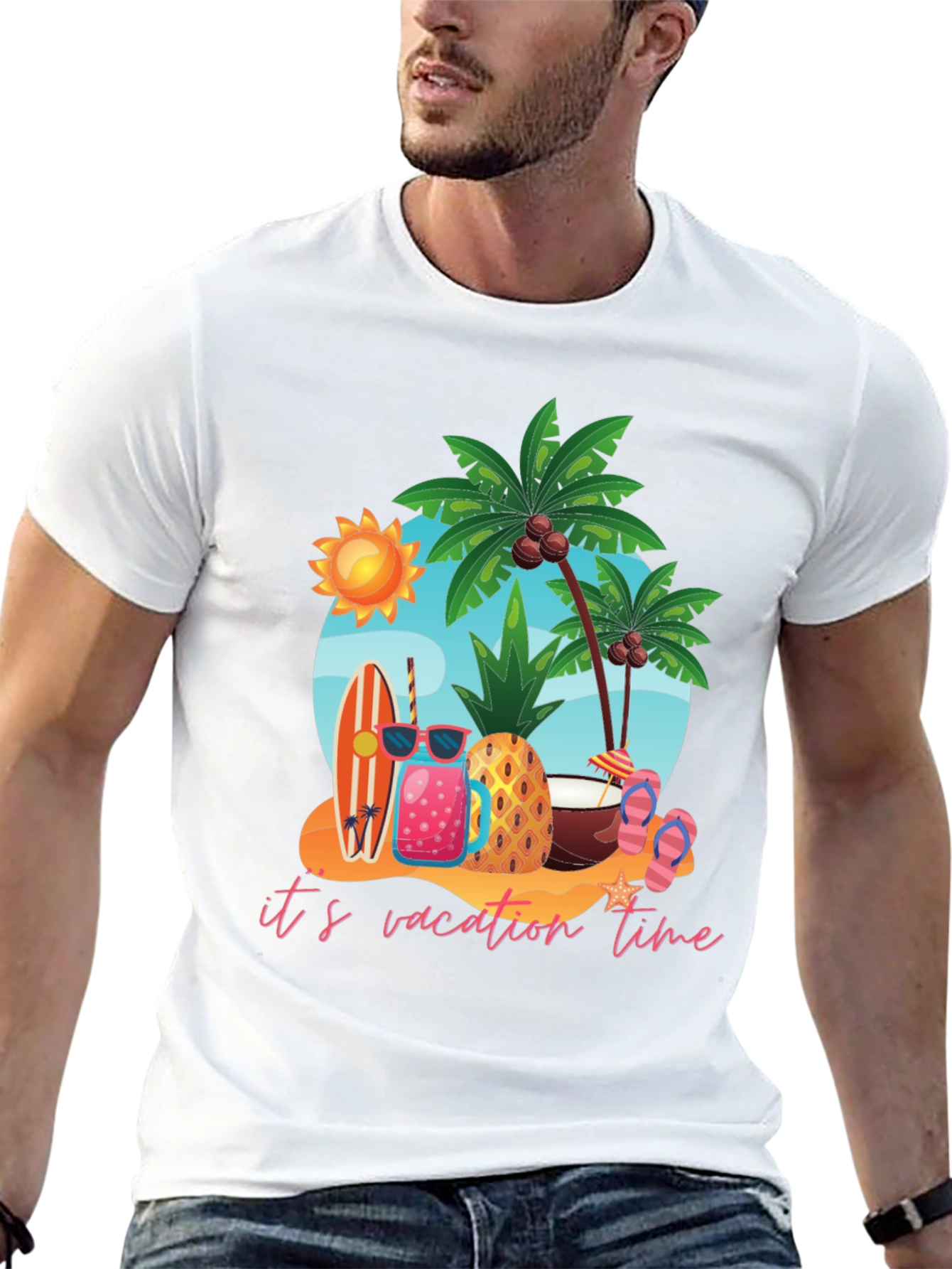 Its Vacation Time Black Cotton T-Shirt