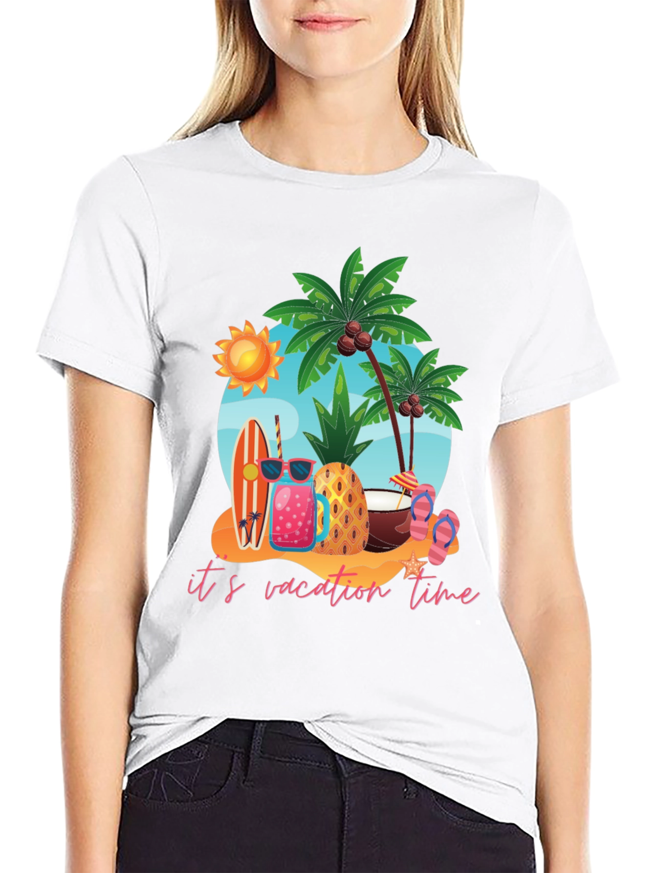 Its Vacation Time Black Cotton T-Shirt