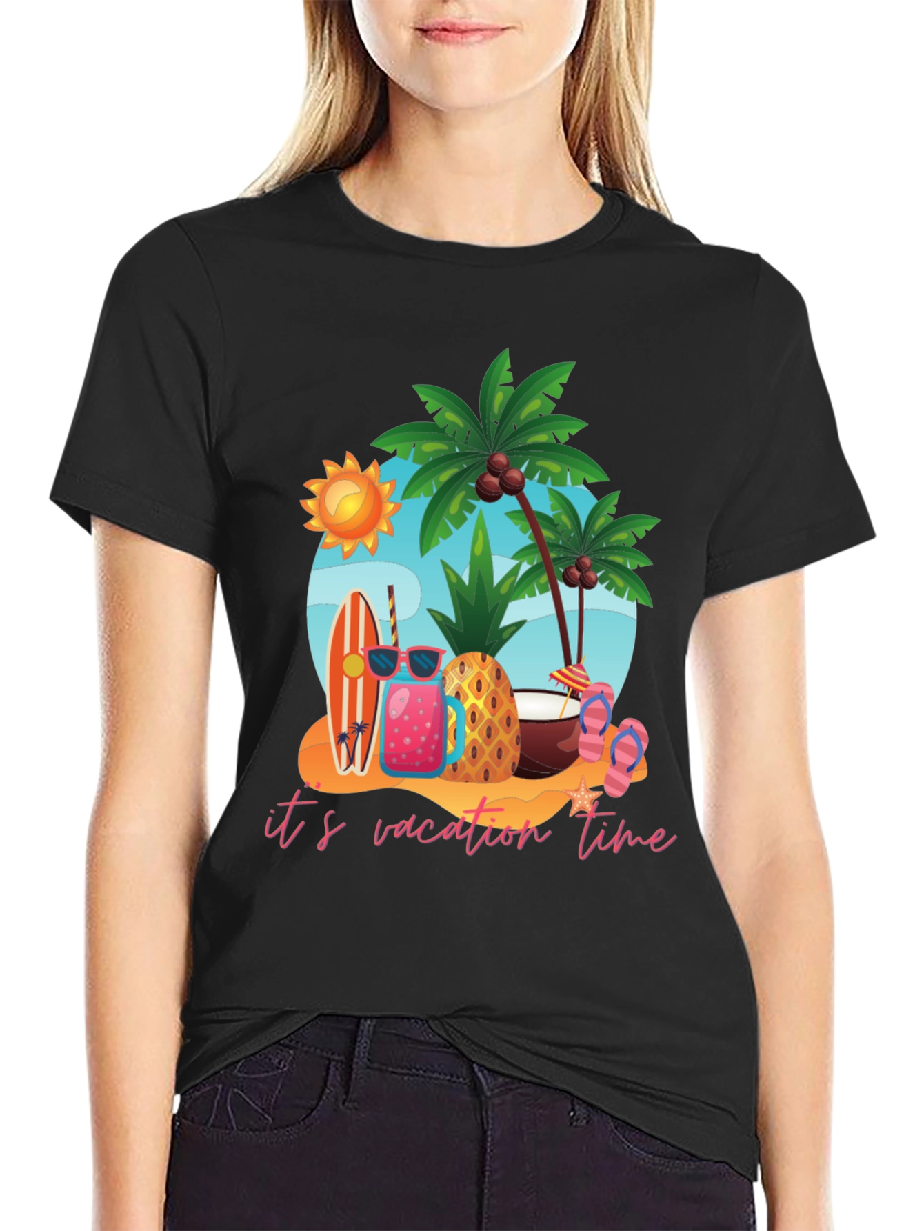 Its Vacation Time Black Cotton T-Shirt