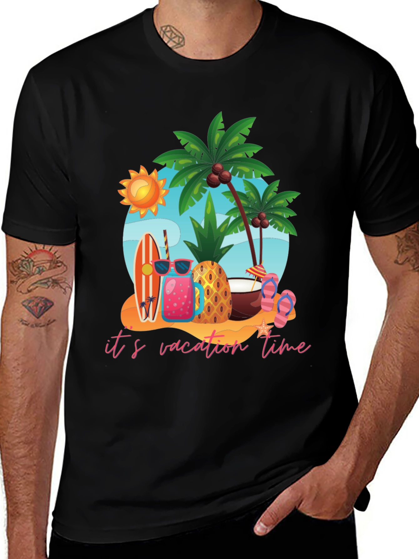 Its Vacation Time Black Cotton T-Shirt
