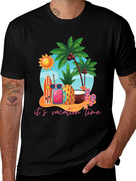Its Vacation Time Black Cotton T-Shirt