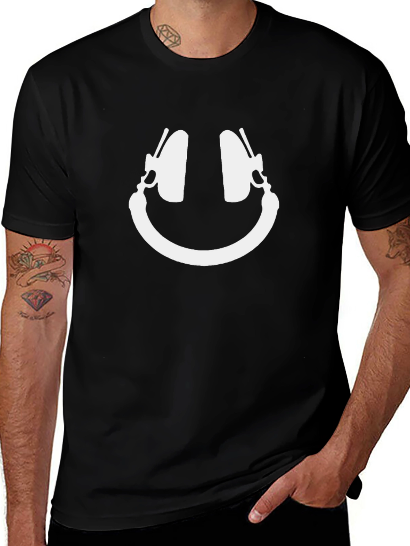 Cool Headphone Smiley Face Black T-Shirt