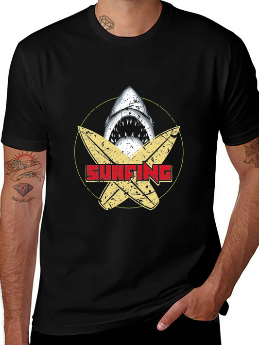 Surfing Shark Graphic Tee - Black Cotton