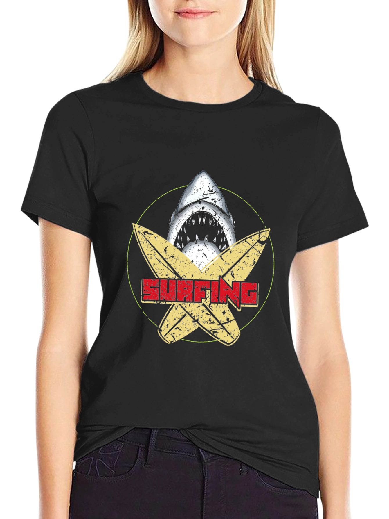 Surfing Shark Graphic Tee - Black Cotton