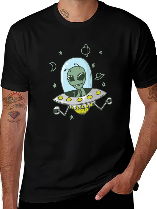 Alien UFO Graphic Tee - Black Cotton T-Shirt