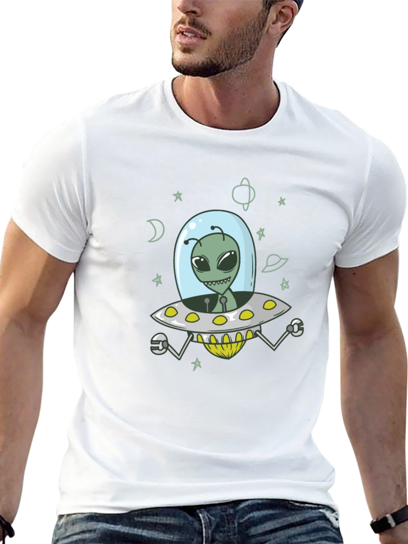 Alien UFO Graphic Tee - Black Cotton T-Shirt