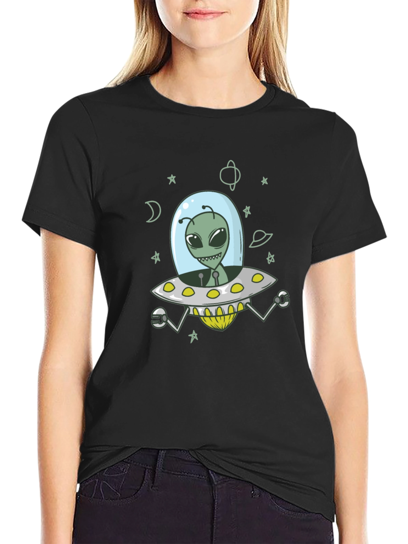 Alien UFO Graphic Tee - Black Cotton T-Shirt