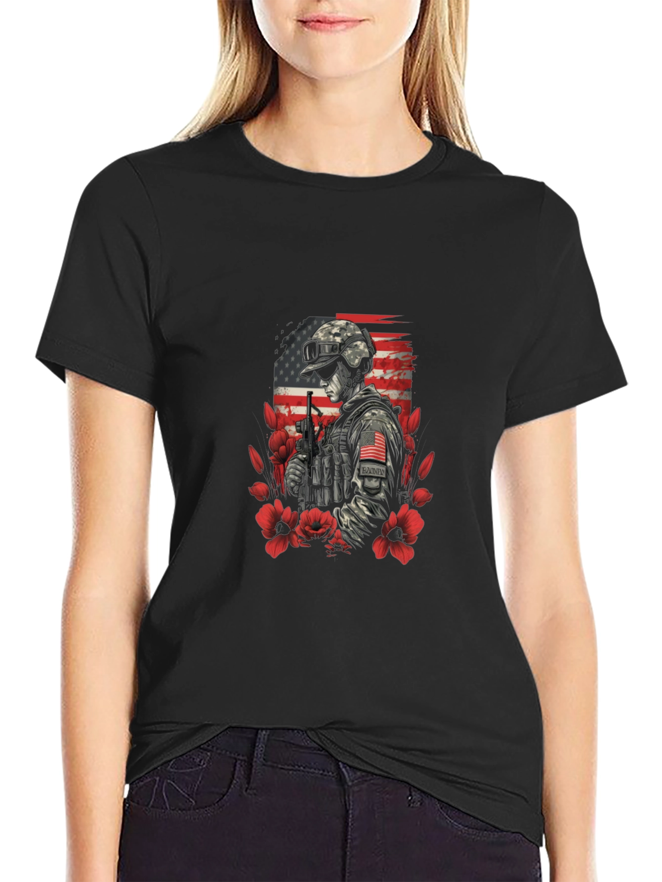 Patriotic Soldier Graphic Tee - American Flag Flower Design