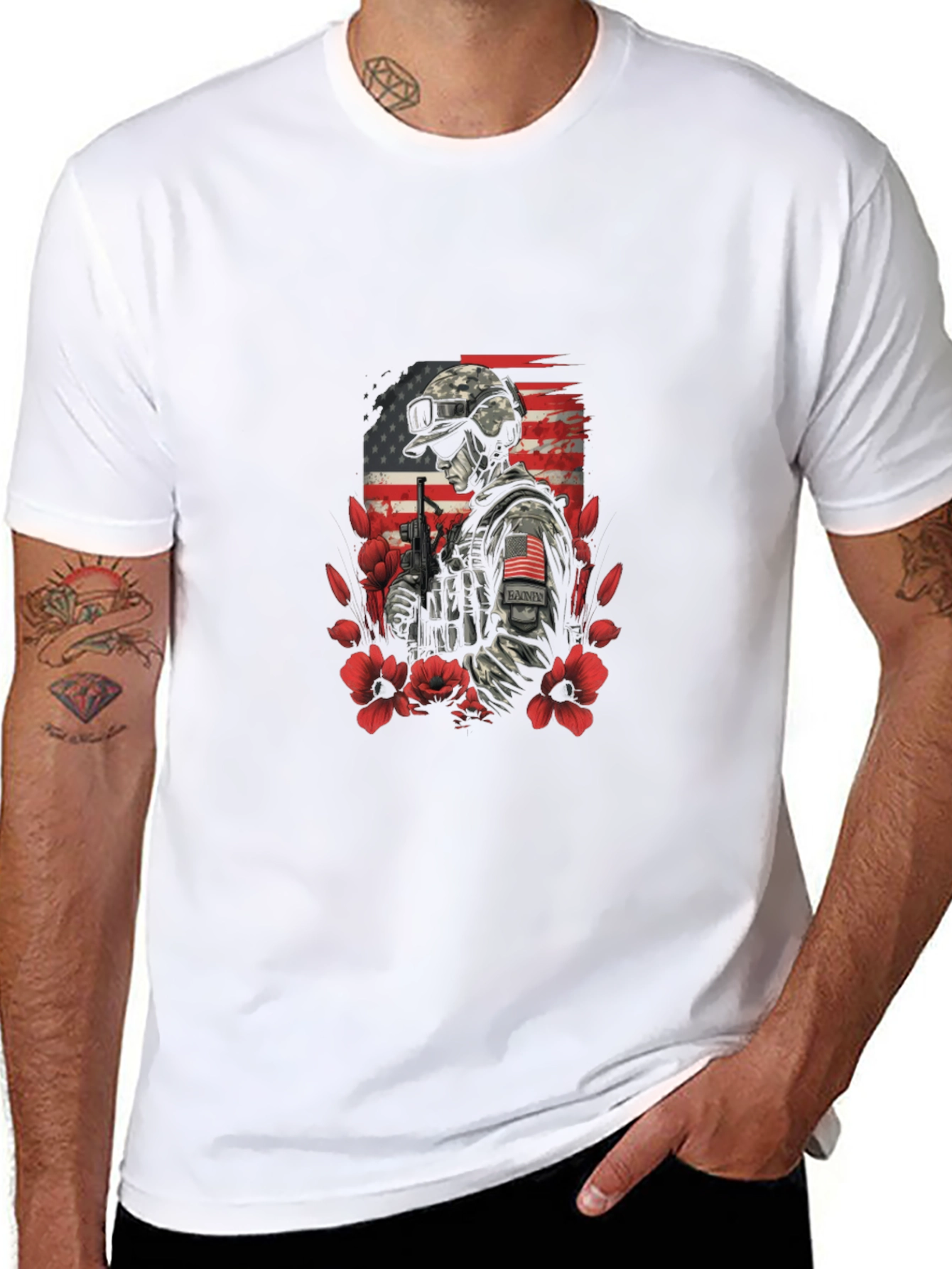 Patriotic Soldier Graphic Tee - American Flag Flower Design