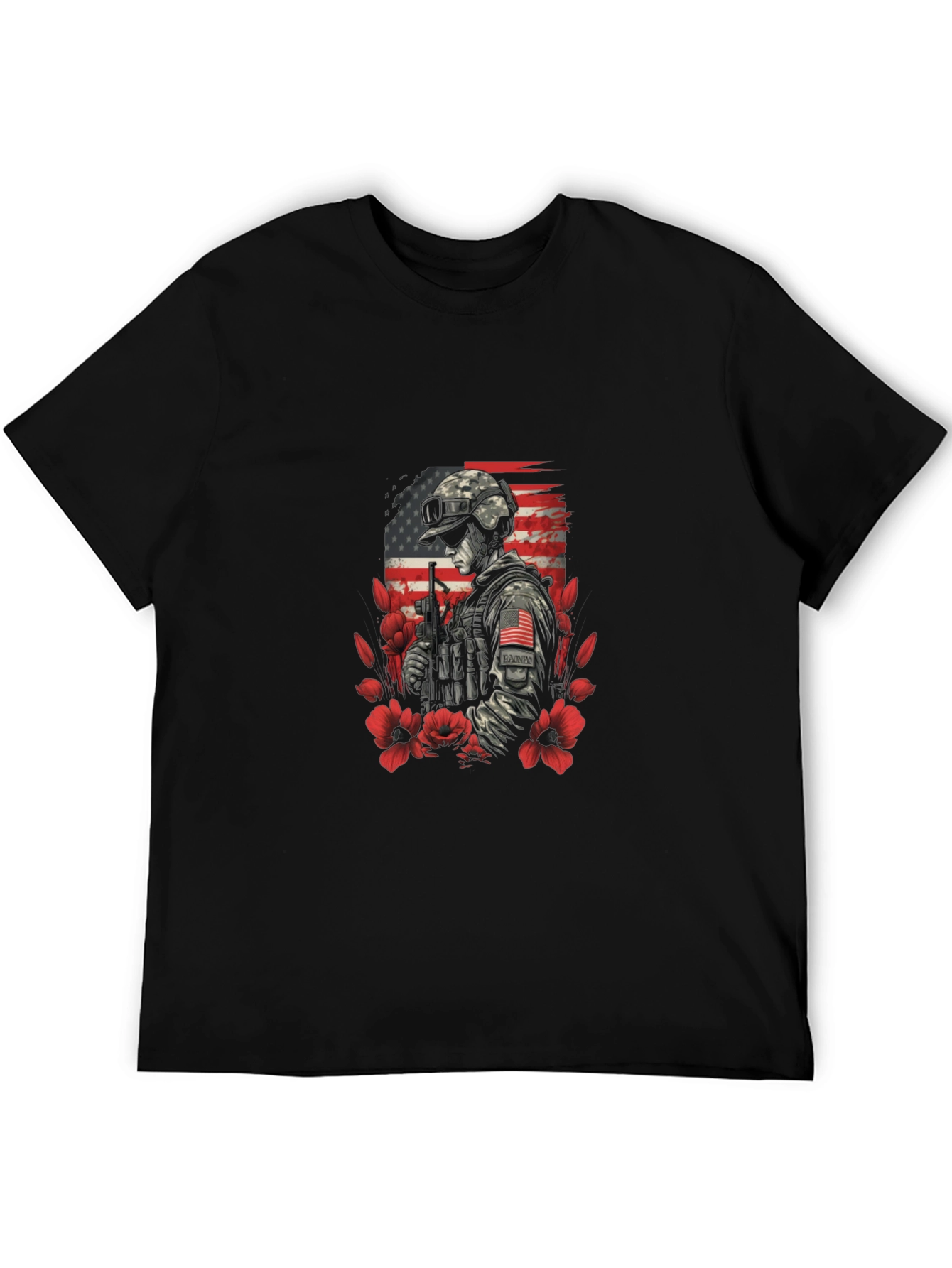 Patriotic Soldier Graphic Tee - American Flag Flower Design