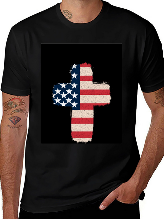 American Flag Cross Graphic Tee - Patriotic Style