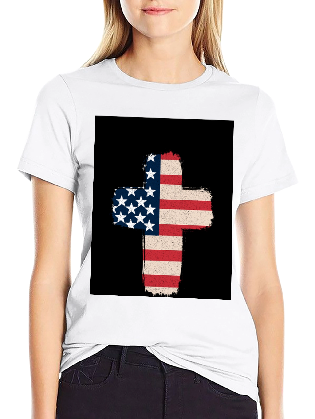 American Flag Cross Graphic Tee - Patriotic Style