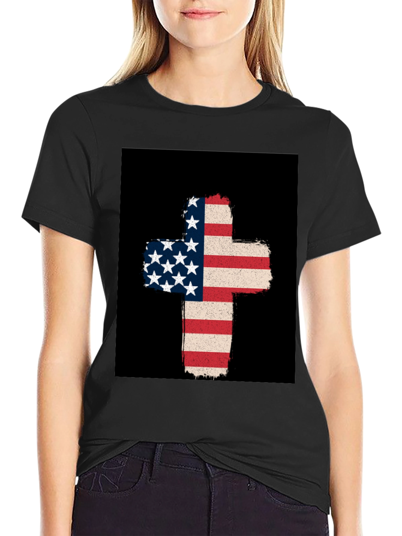 American Flag Cross Graphic Tee - Patriotic Style