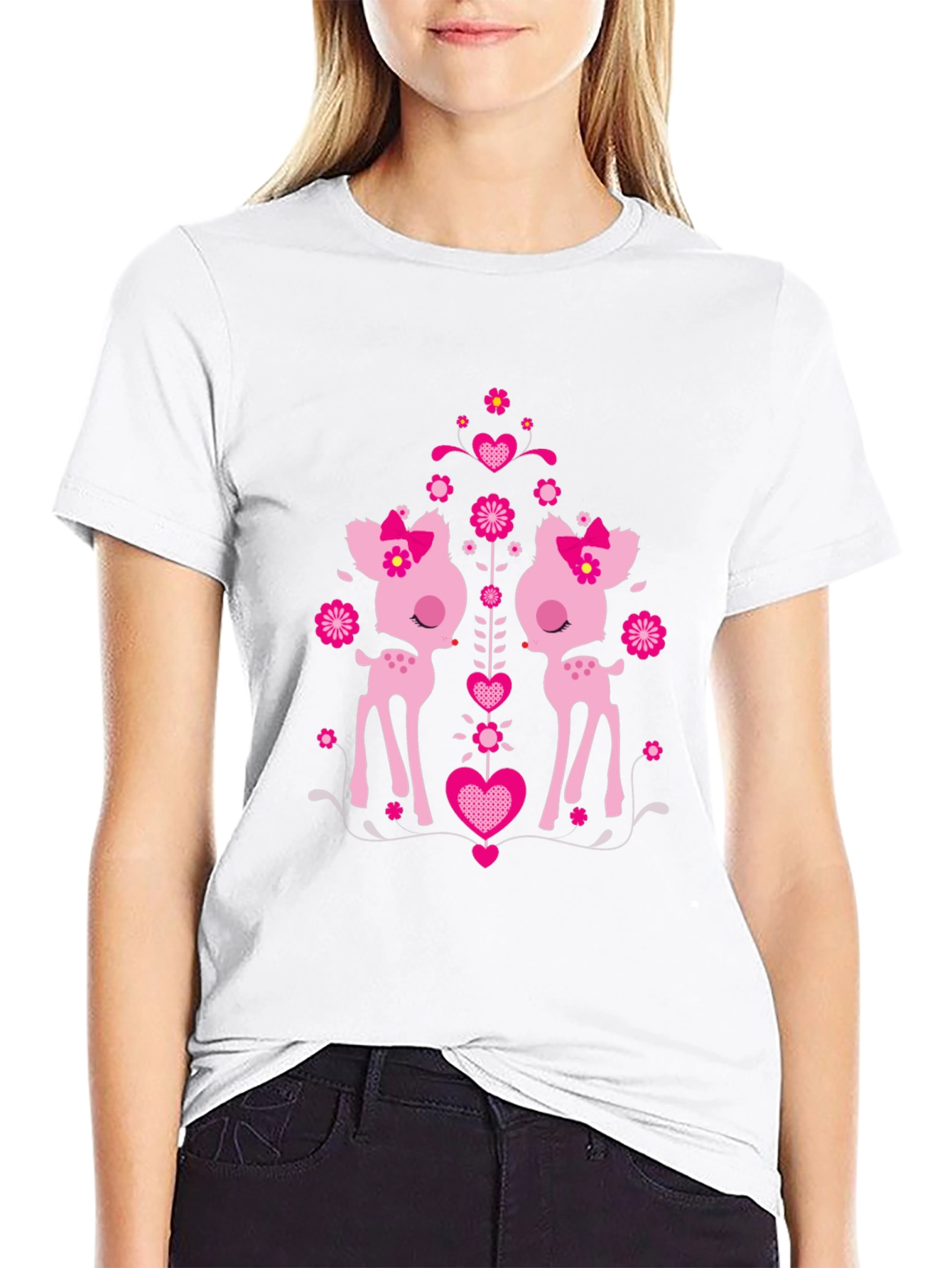 Cute Deer Heart Graphic Black T-Shirt