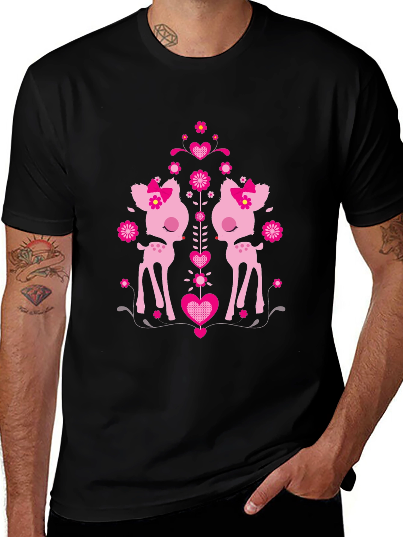 Cute Deer Heart Graphic Black T-Shirt