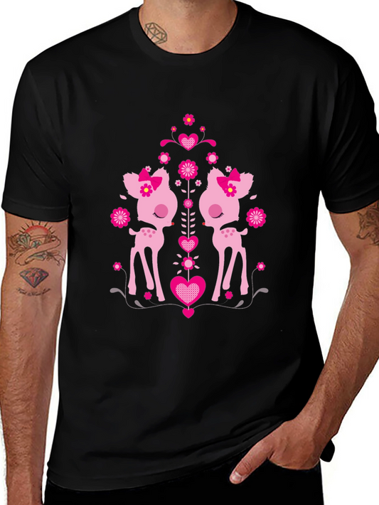 Cute Deer Heart Graphic Black T-Shirt