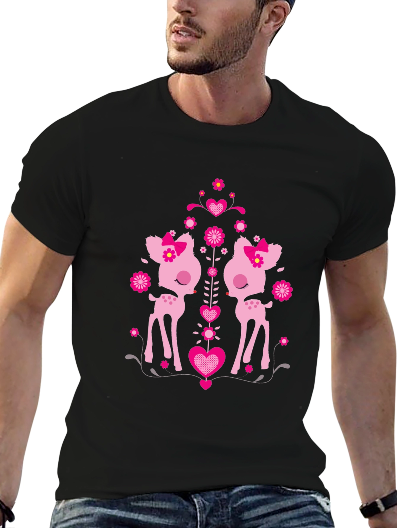 Cute Deer Heart Graphic Black T-Shirt