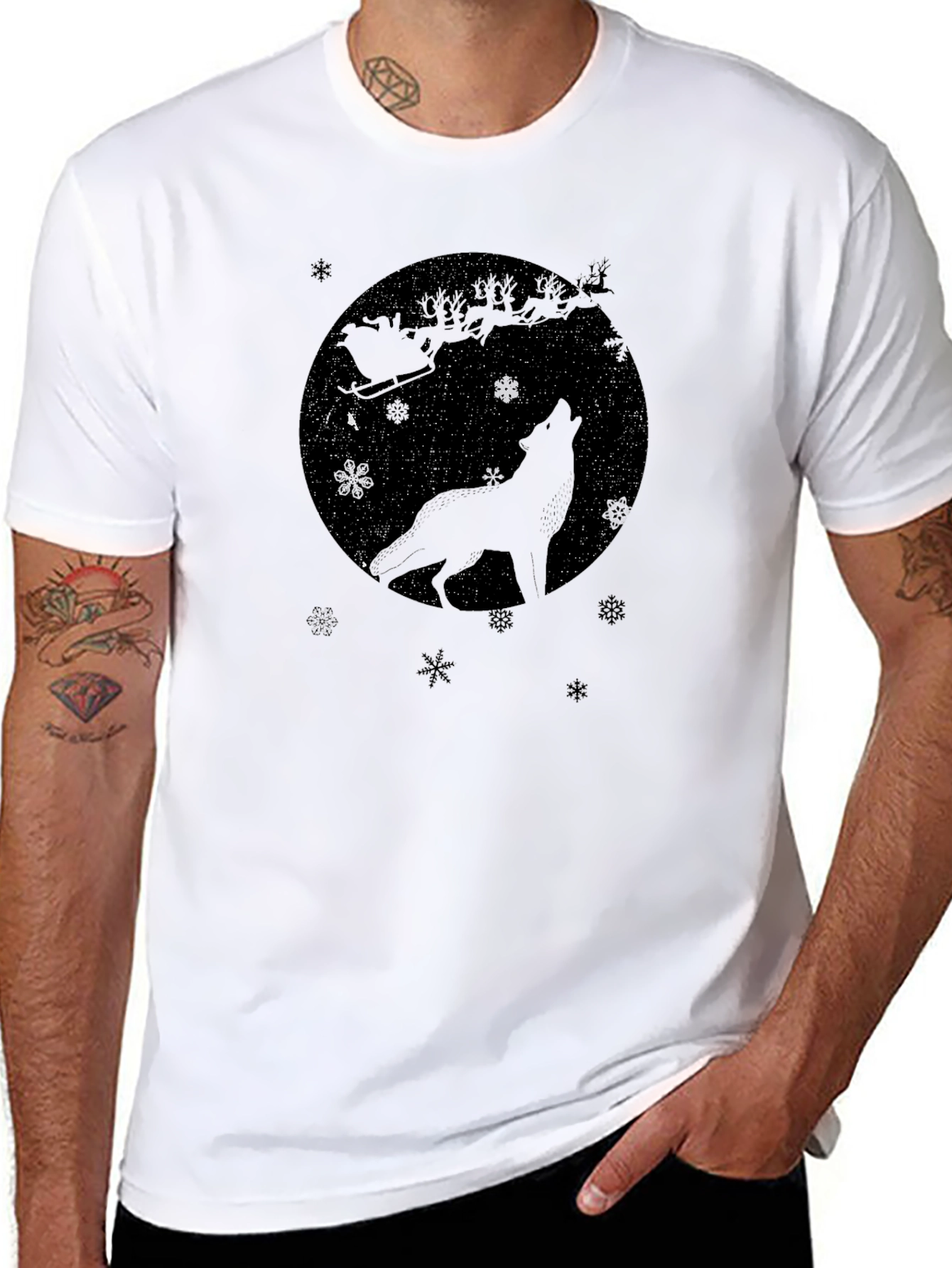 Wolf Howling Santas Sleigh Black T-Shirt