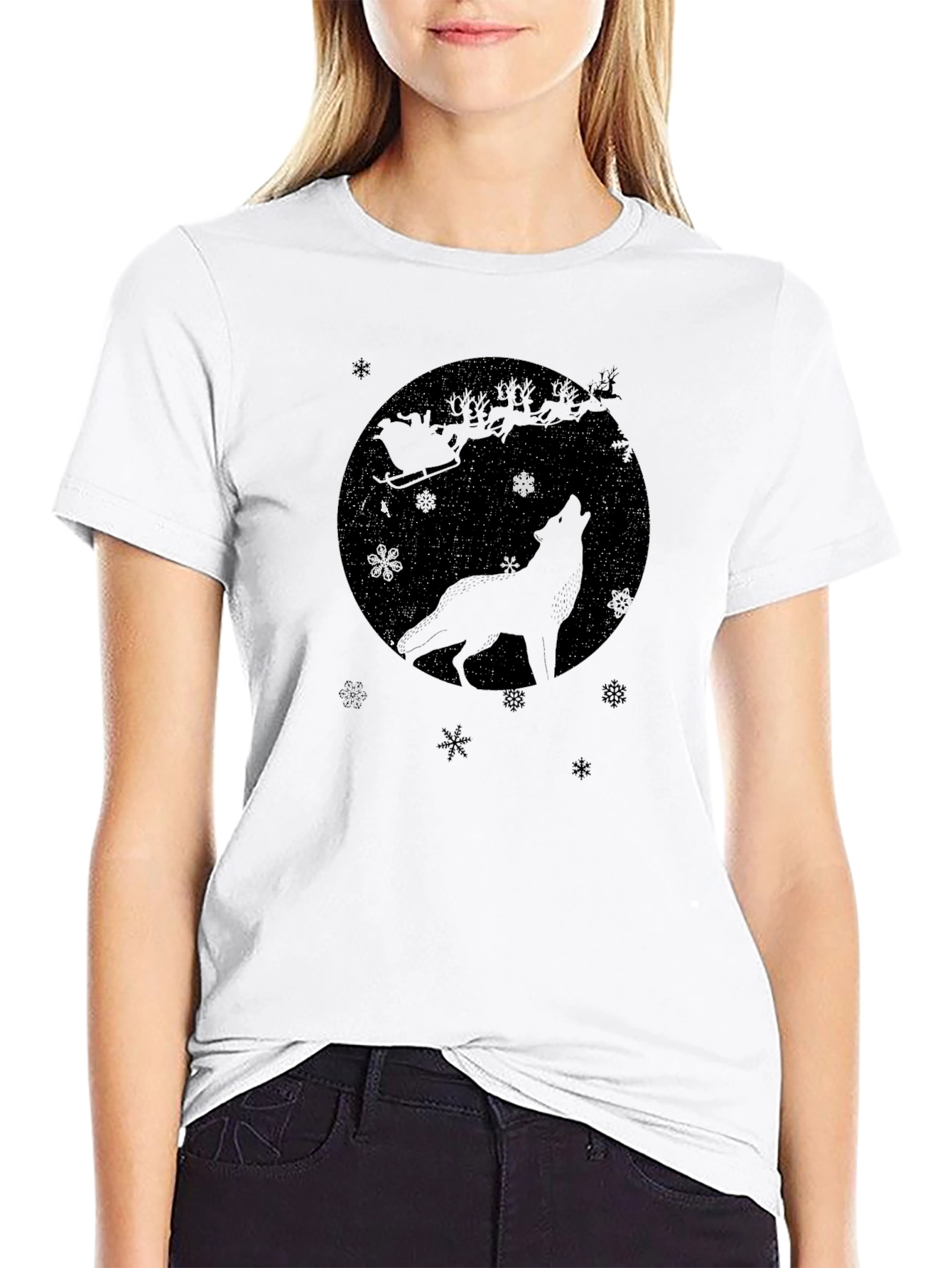 Wolf Howling Santas Sleigh Black T-Shirt