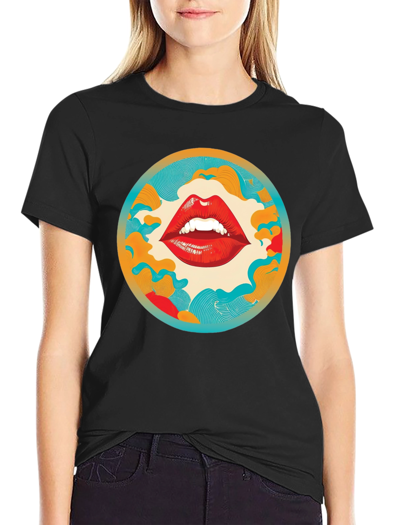 Graphic Lips Print Crew Neck Tee