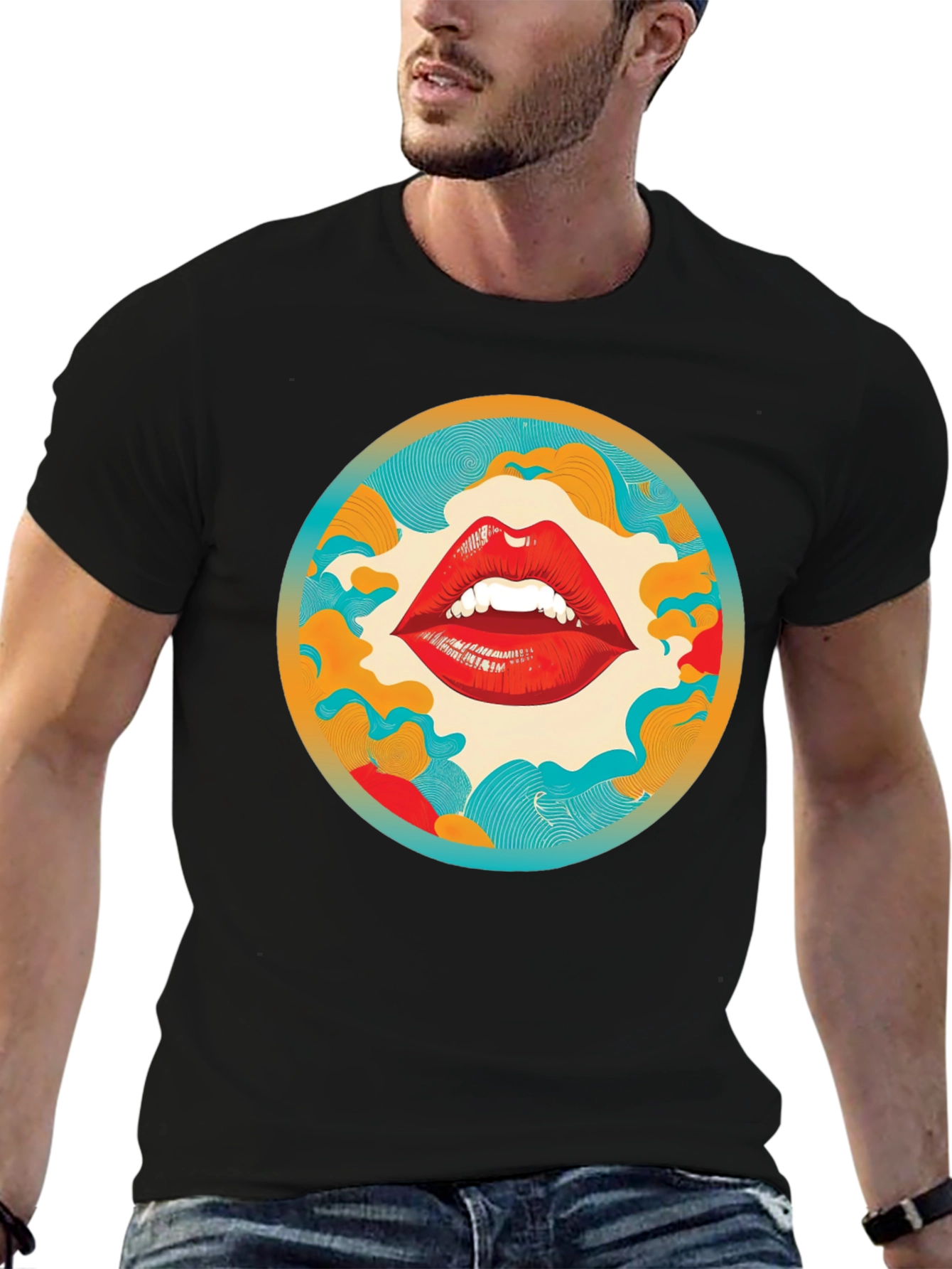 Graphic Lips Print Crew Neck Tee