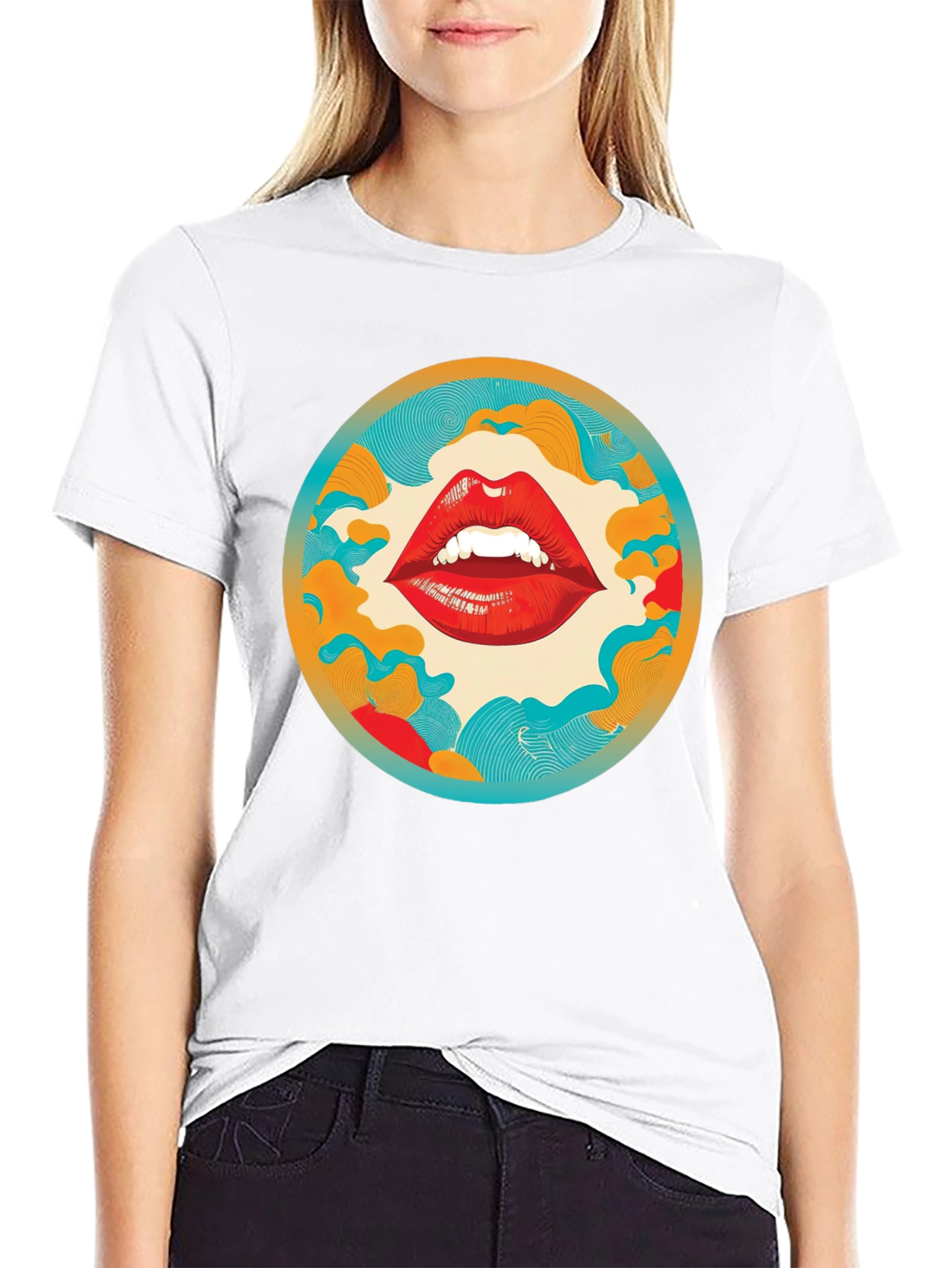 Graphic Lips Print Crew Neck Tee