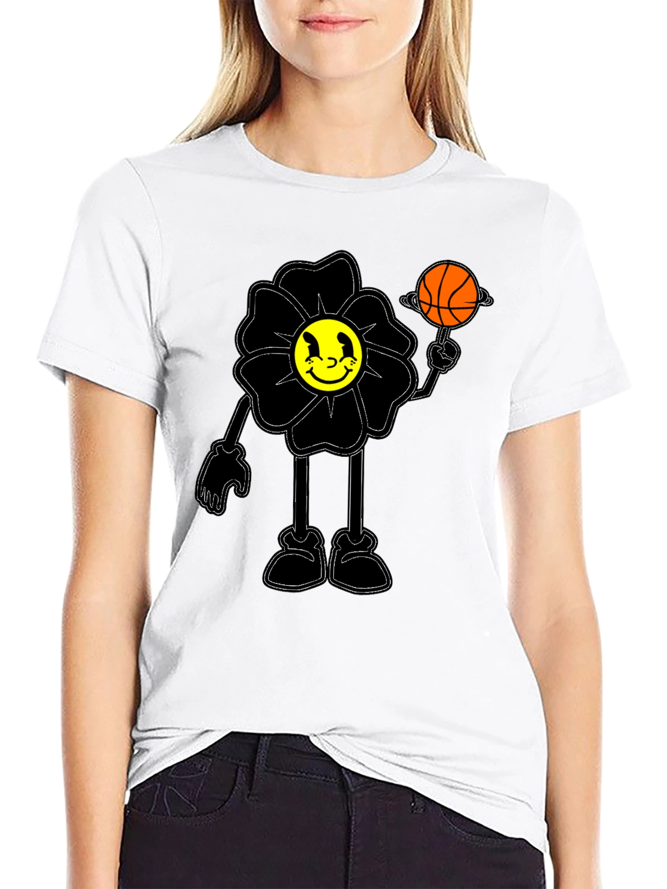 Smiley Flower Graphic Tee - Trendy Black T-Shirt