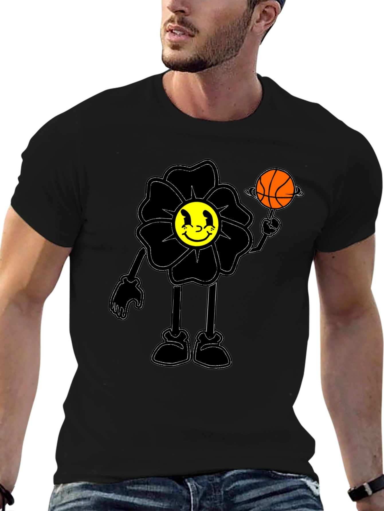 Smiley Flower Graphic Tee - Trendy Black T-Shirt