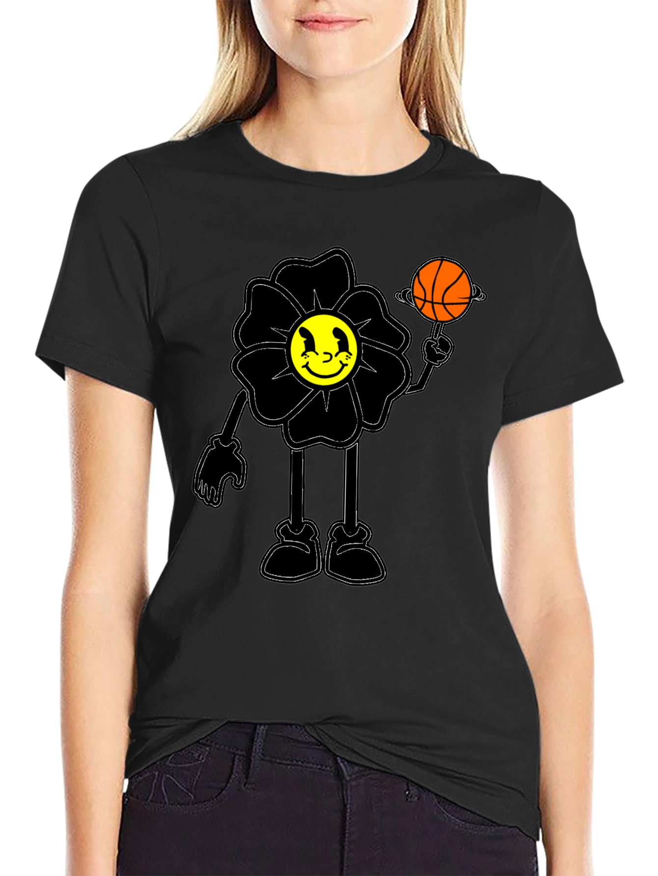 Smiley Flower Graphic Tee - Trendy Black T-Shirt