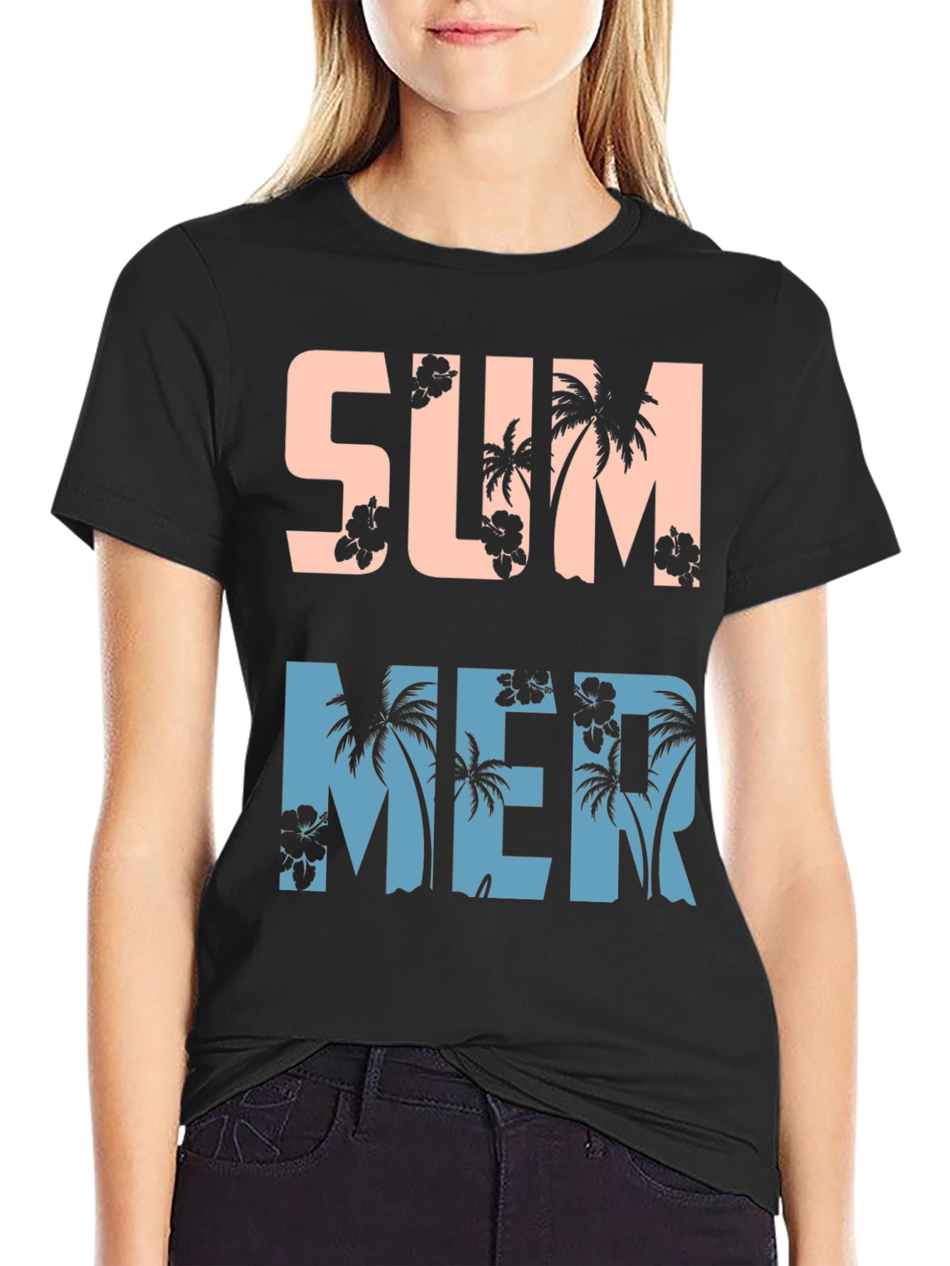 Tropical Summer Graphic Tee - Black Cotton Blend Shirt