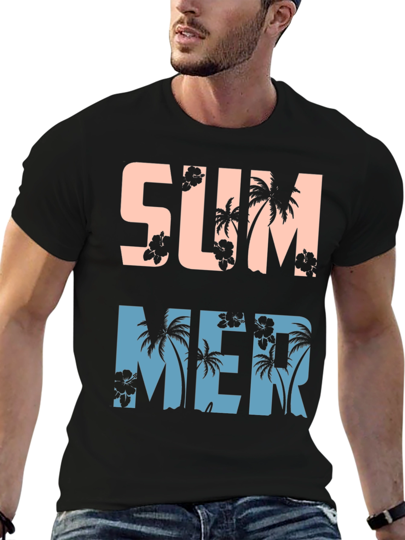 Tropical Summer Graphic Tee - Black Cotton Blend Shirt