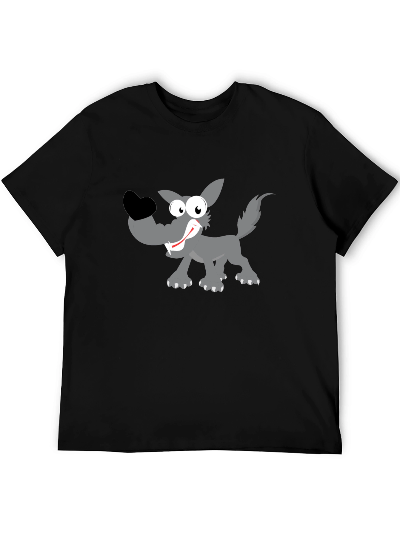 Cartoon Wolf Graphic Tee - Black Cotton T-Shirt