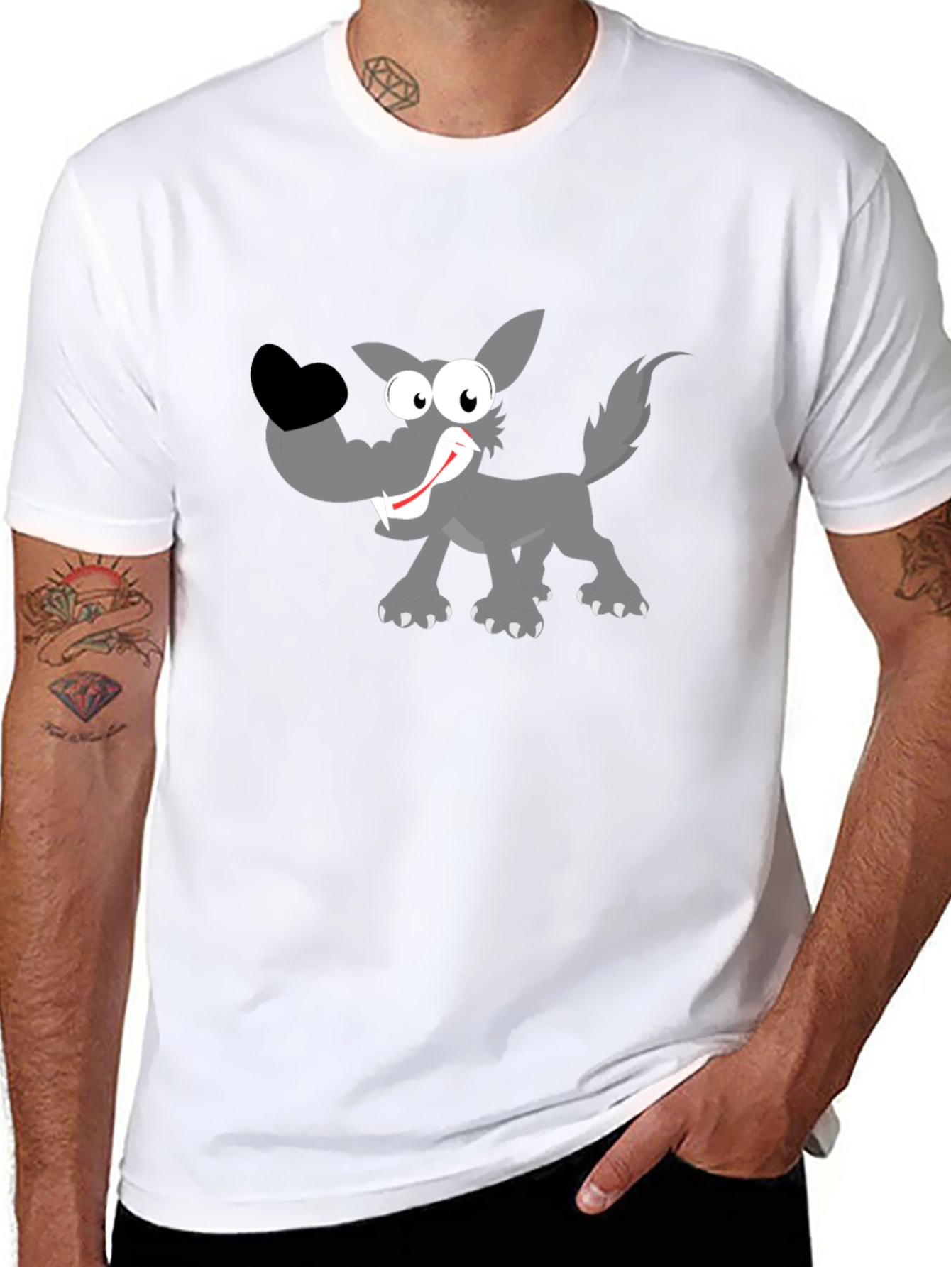 Cartoon Wolf Graphic Tee - Black Cotton T-Shirt
