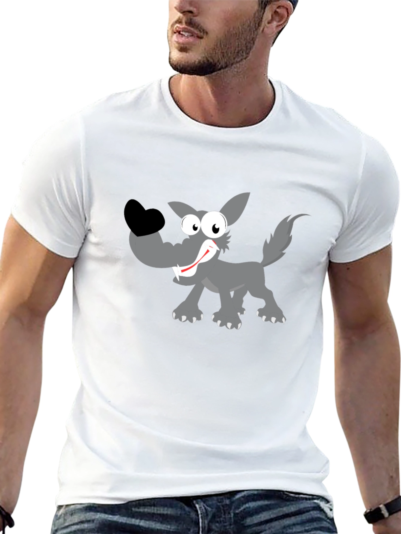 Cartoon Wolf Graphic Tee - Black Cotton T-Shirt