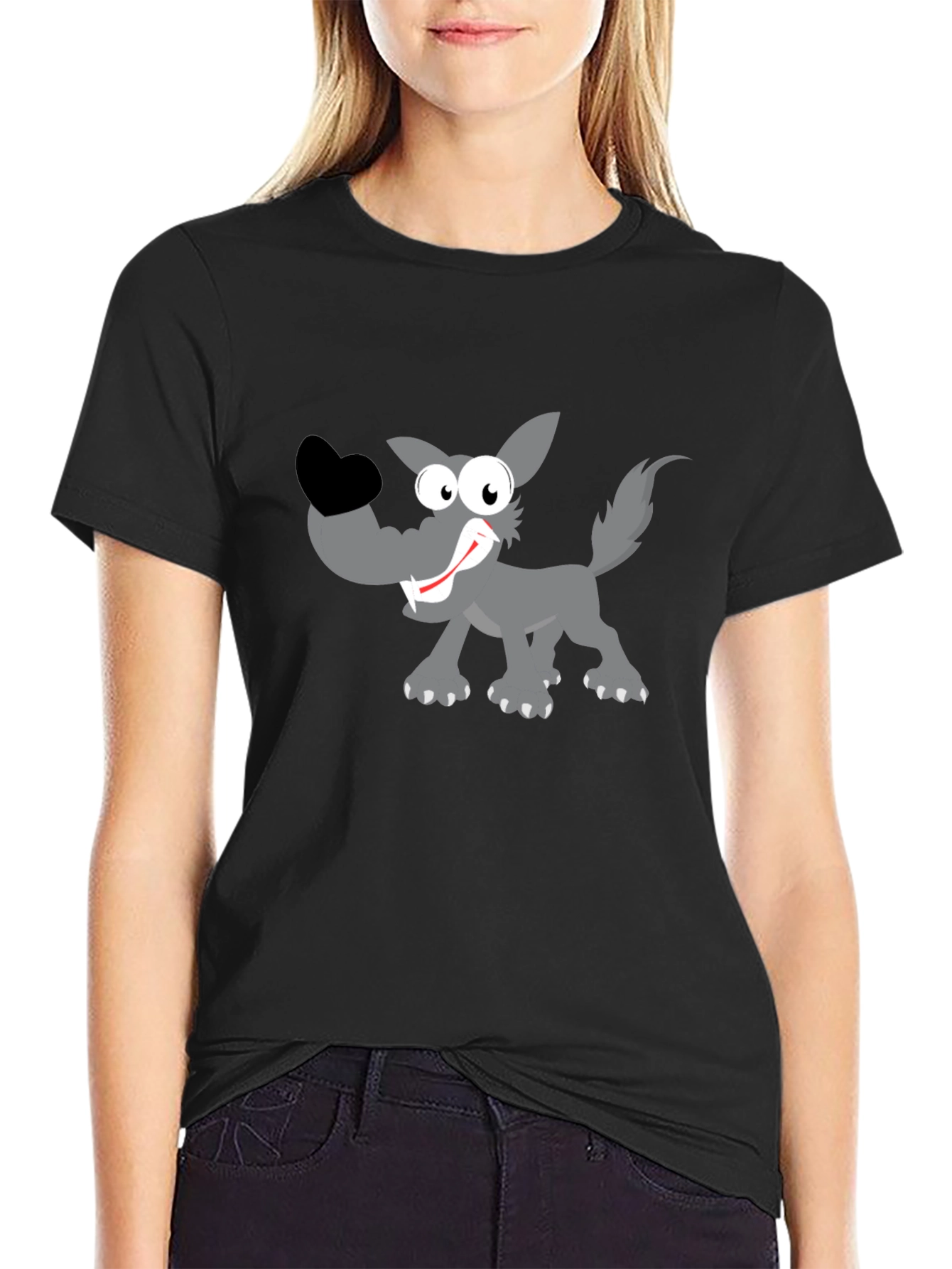 Cartoon Wolf Graphic Tee - Black Cotton T-Shirt